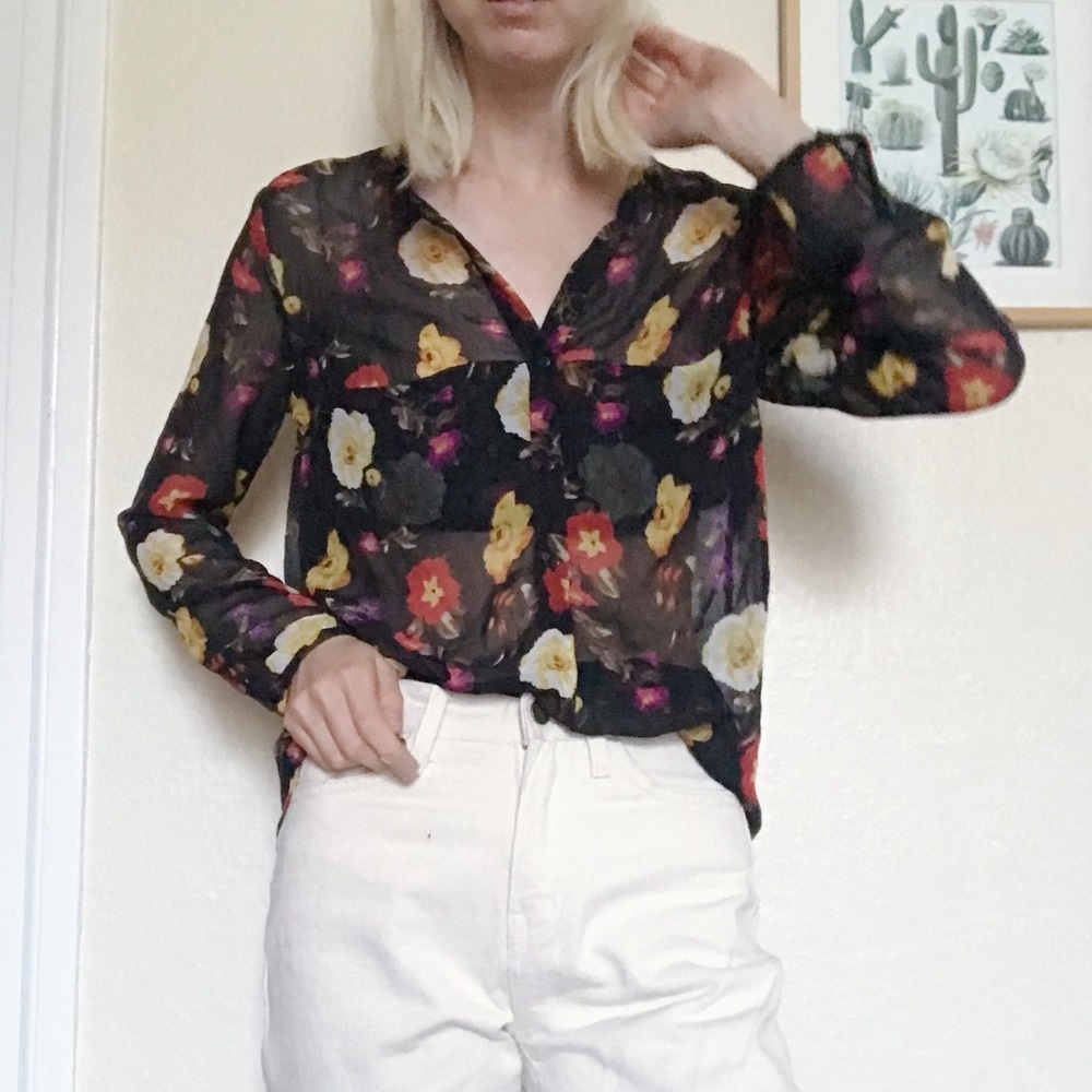Zara sheer floral print button up shirt